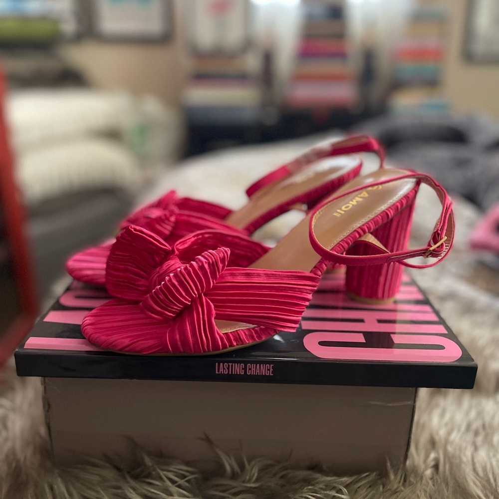 Amoji Pink Heels with Satin Finish and Ankle Straps